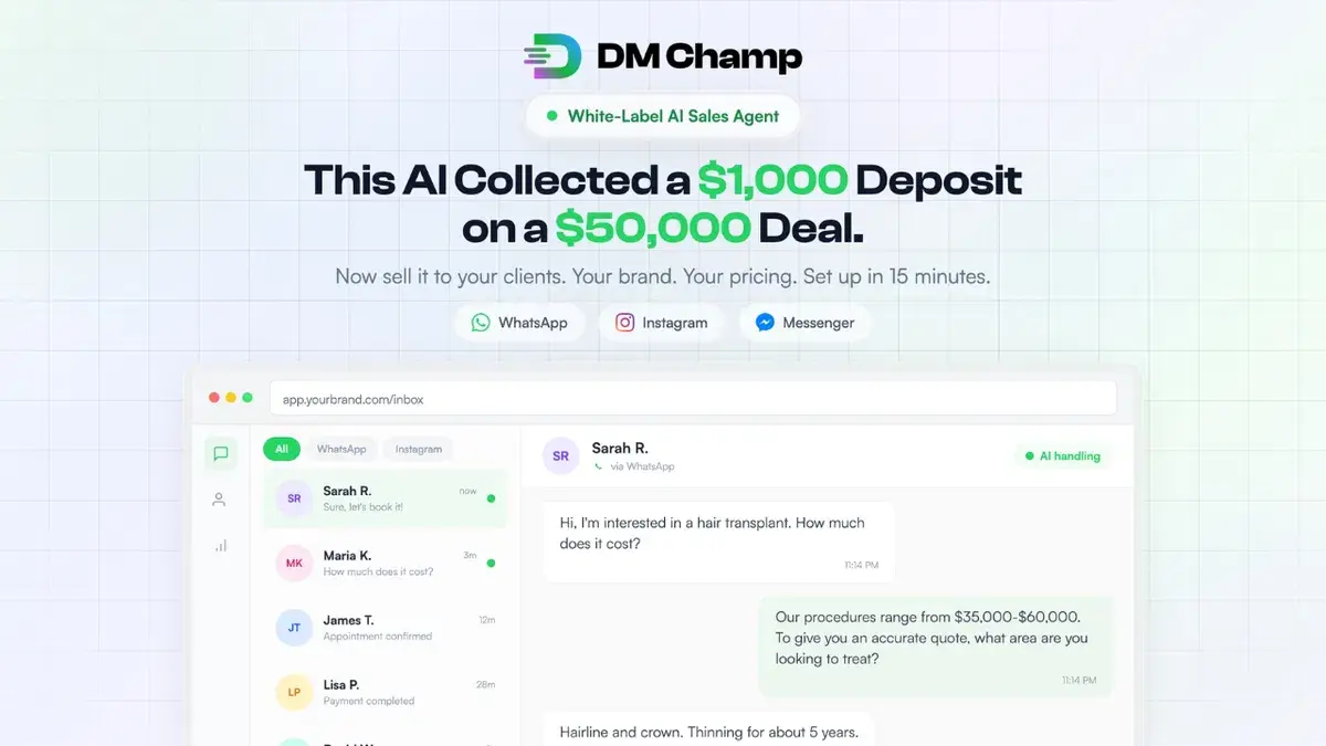 DM Champ white-label AI sales agent unified inbox showing WhatsApp, Instagram, Facebook Messenger conversations 2026.