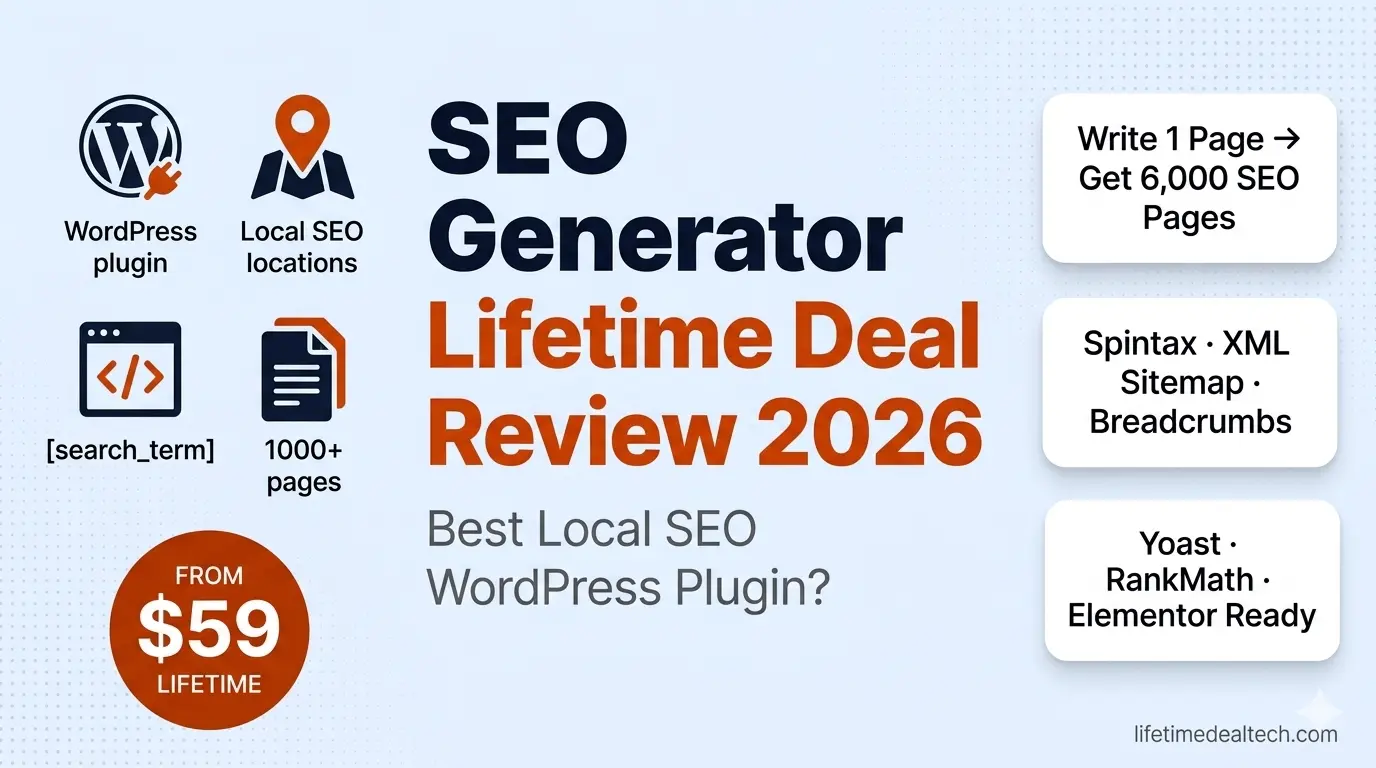SEO Generator lifetime deal review 2026 — WordPress plugin creates 1000 plus local SEO landing pages from one template using shortcodes and Spintax AppSumo $59