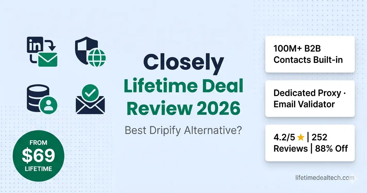 Closely lifetime deal review 2026 β LinkedIn email outreach automation 100M contacts dedicated proxy email validator AppSumo $69 Dripify Expandi alternative