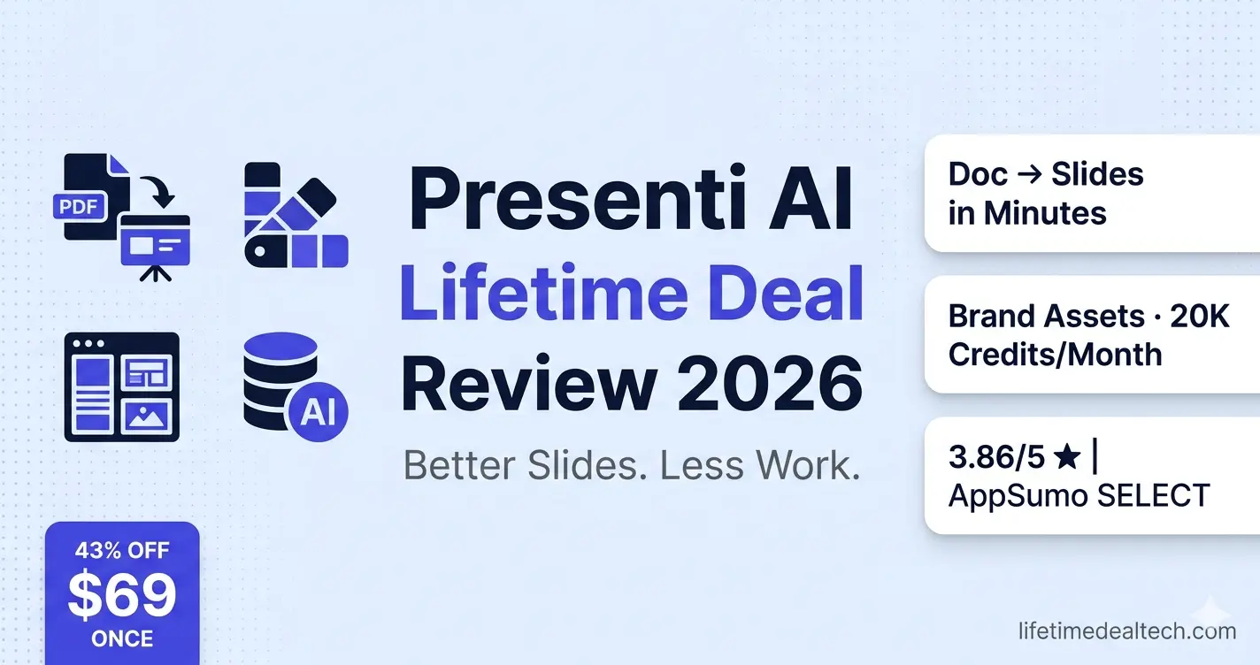Presenti AI lifetime deal review 2026 — AI presentation maker document to slides converter AppSumo SELECT $69 once 43% off Gamma Beautiful.ai alternative