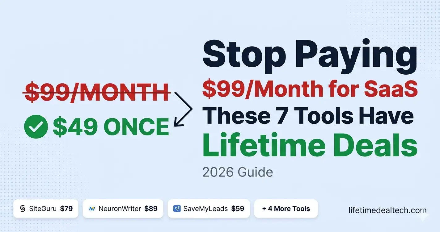 7 SaaS tools lifetime deals in 2026 — stop paying monthly subscriptions SiteGuru NeuronWriter SaveMyLeads TextFocus ConvergeHub SalesBlink Depositphotos AppSumo