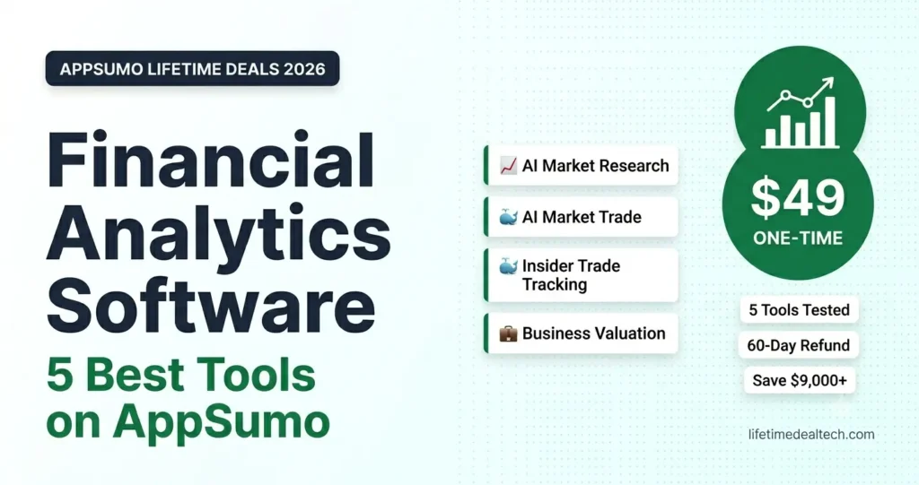 Comparison of the 5 best financial analytics software lifetime deals on AppSumo in 2026 — Kavout, ProBors, OrcaSheets, The Wheel Screener, and Equitest. Save $264/month vs subscriptions.