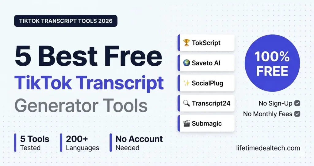 5 best free TikTok transcript generator tools 2026 — TokScript Saveto AI SocialPlug Transcript24 Submagic compared no sign-up no monthly fees honest review