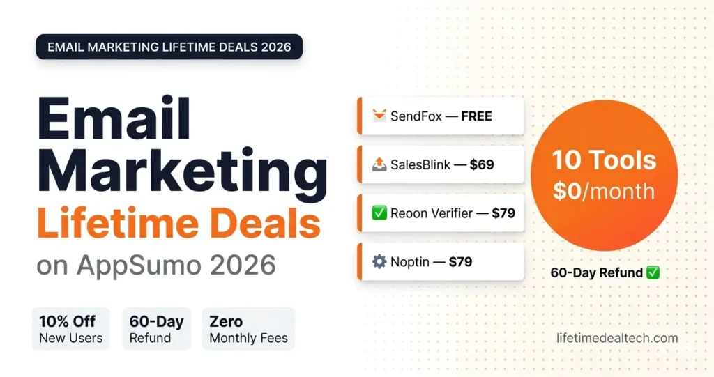 Best email marketing lifetime deals on AppSumo 2026 — SendFox SalesBlink Reoon Noptin zero monthly fees 10% off new users honest review