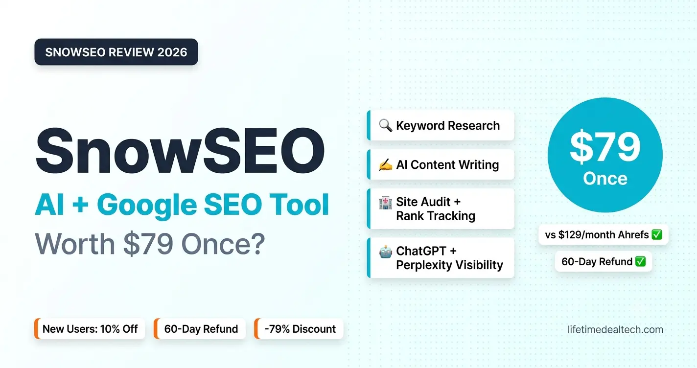 SnowSEO lifetime deal review 2026 — AI and Google SEO tool keyword research site audit rank tracking ChatGPT visibility $79 once AppSumo 79% off
