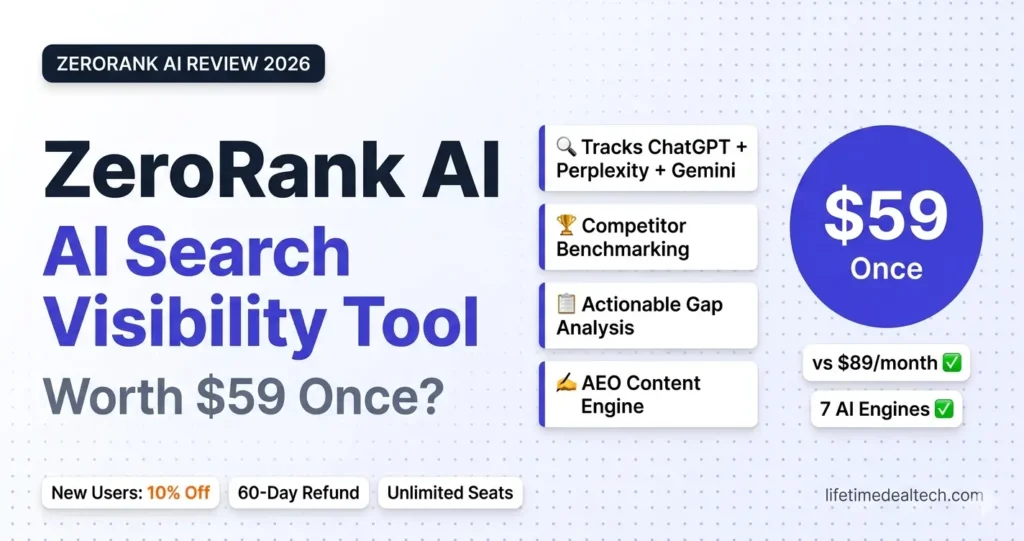ZeroRank AI lifetime deal review 2026 — track brand visibility in ChatGPT Perplexity Gemini Google AI $59 once vs $89 month AppSumo honest verdict