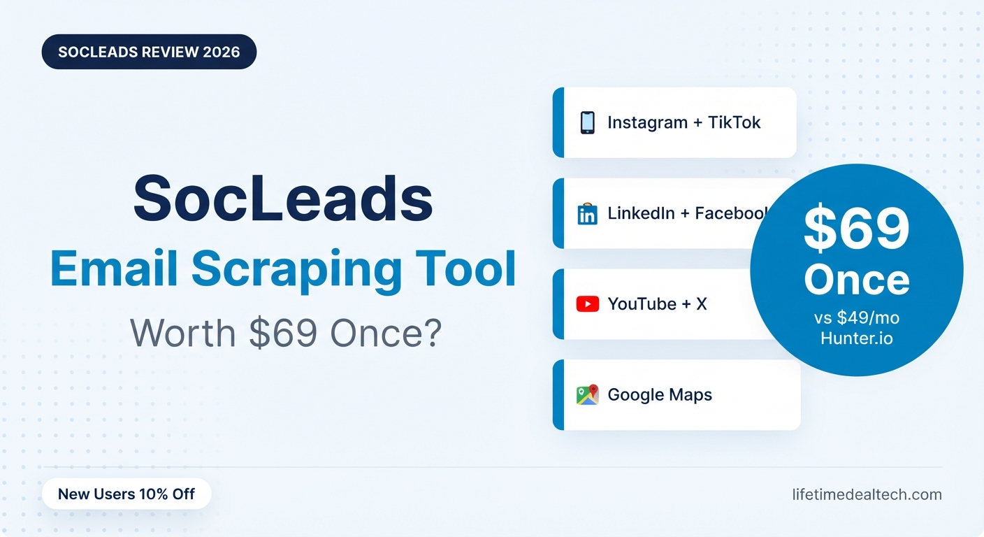 SocLeads lifetime deal review 2026 — scrape emails from Instagram LinkedIn TikTok YouTube Google Maps $69 once AppSumo 51% off