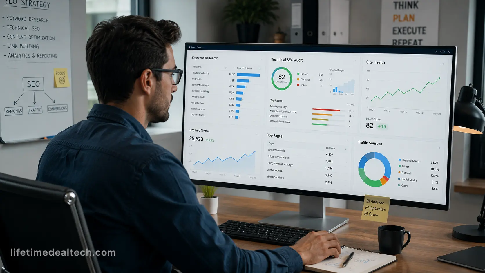 SaaS stack for digital agencies with SEO specialist analyzing keyword research, technical SEO audit, and website analytics dashboards